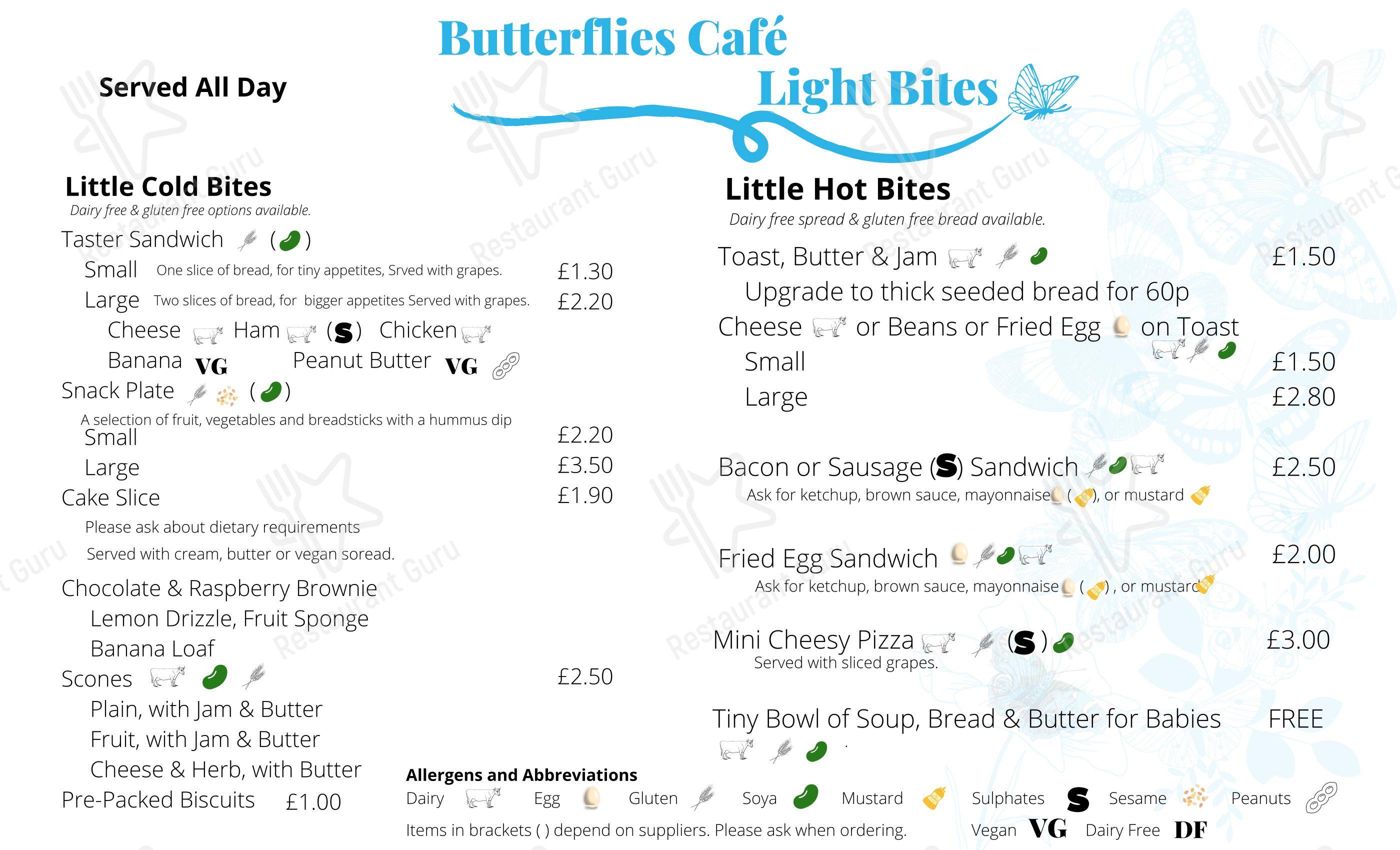 Меню кафе Butterflies Cafe в Эдинбурге