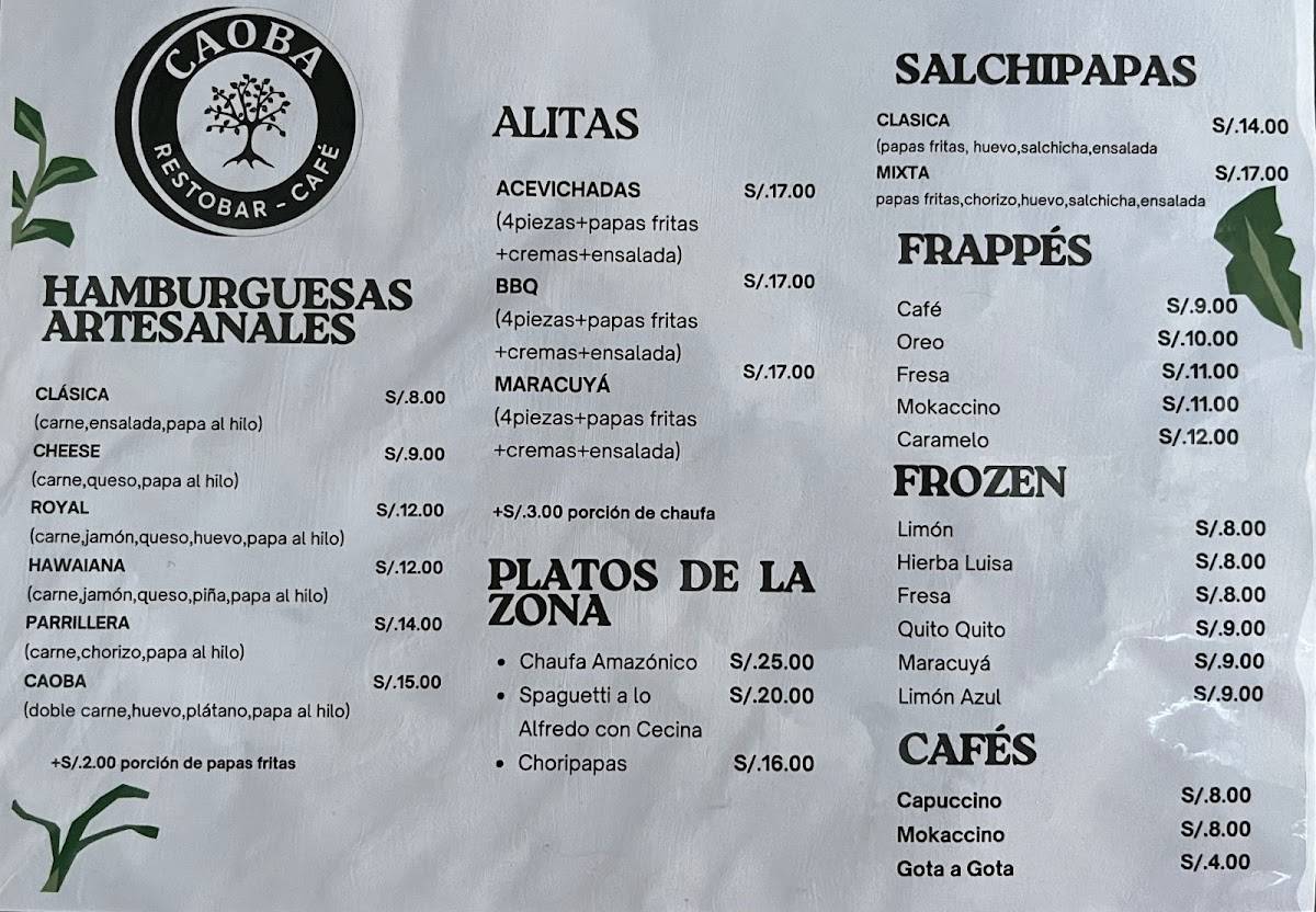 CAOBA RESTAURANTE BAR CAFÉ меню