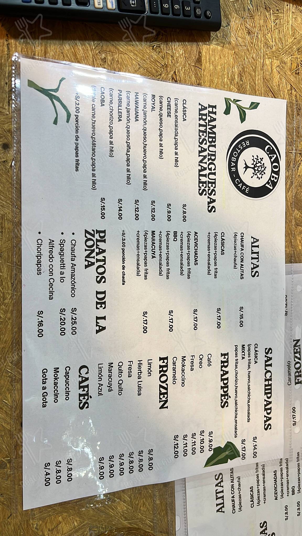 Меню ресторана CAOBA RESTAURANTE BAR CAFÉ