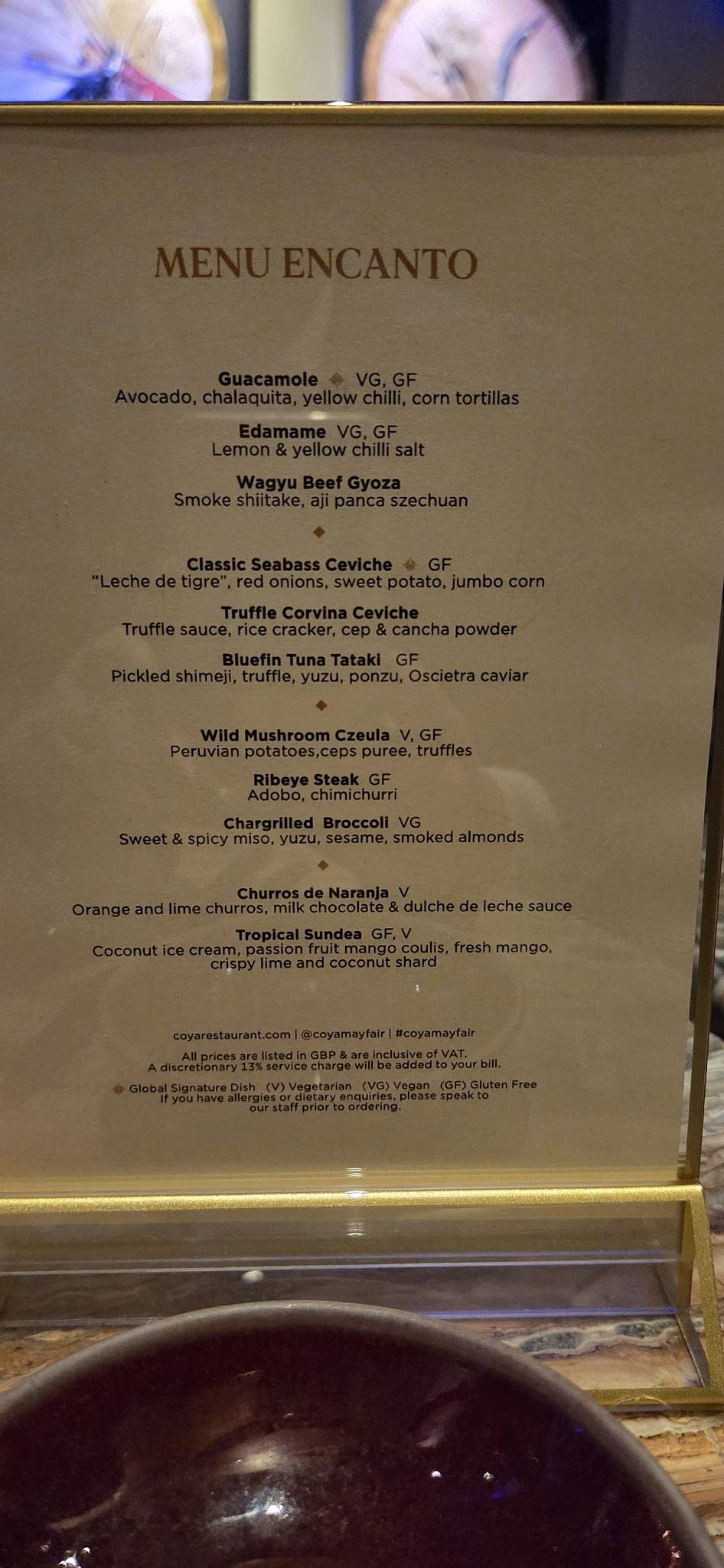 COYA Mayfair меню