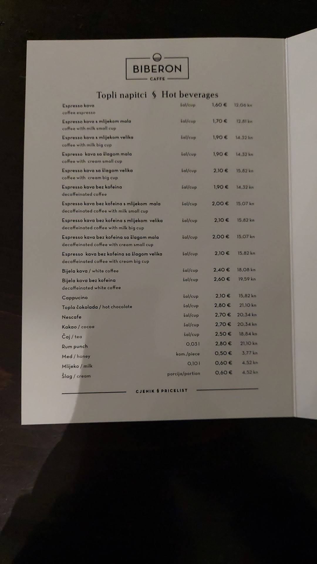Caffe bar Biberon Rijeka меню