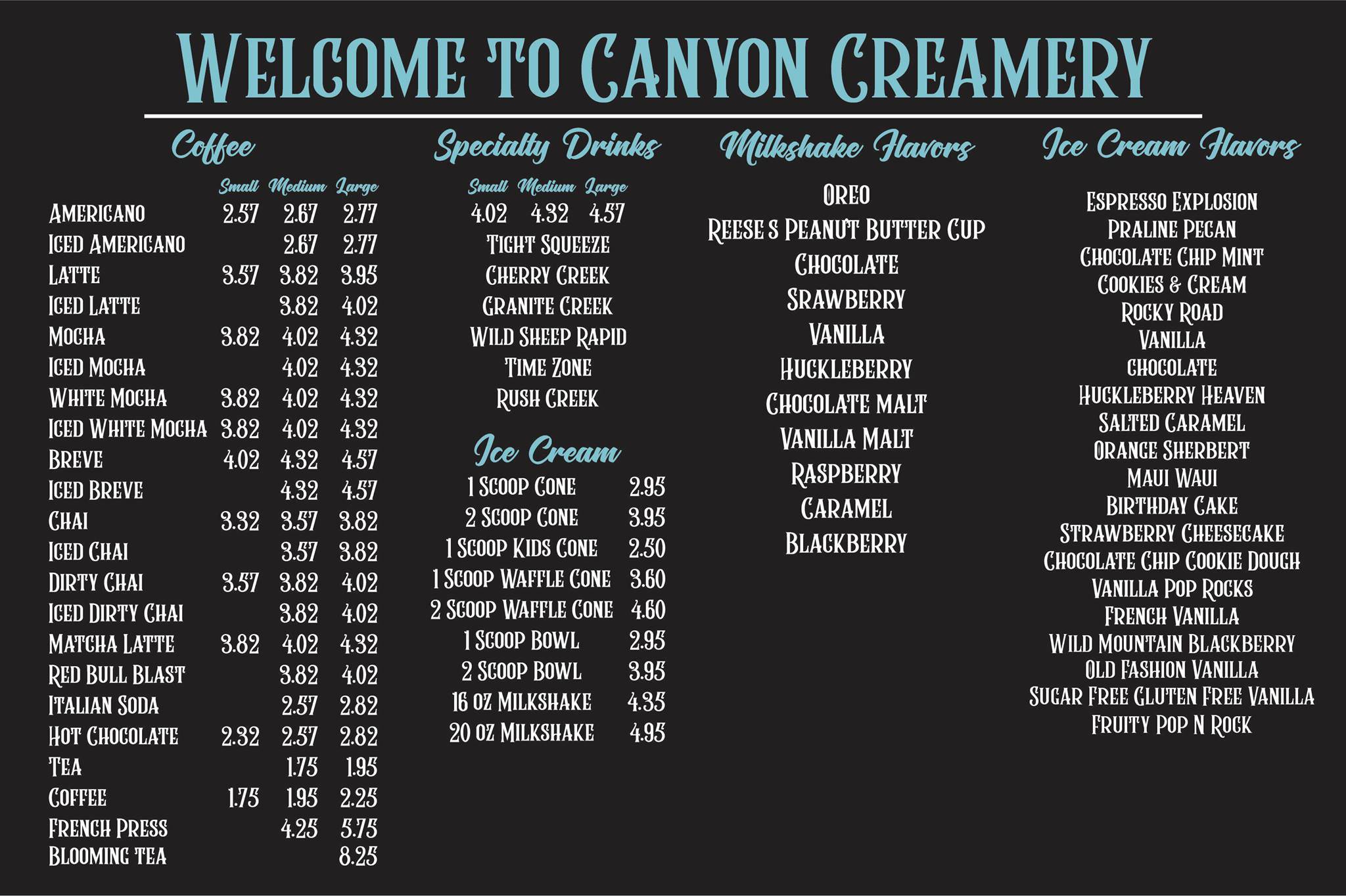 Canyon Creamery меню