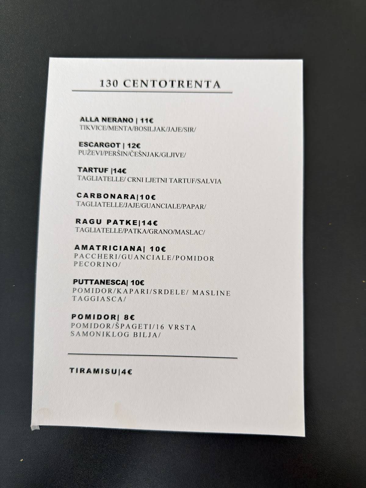 Centotrenta меню