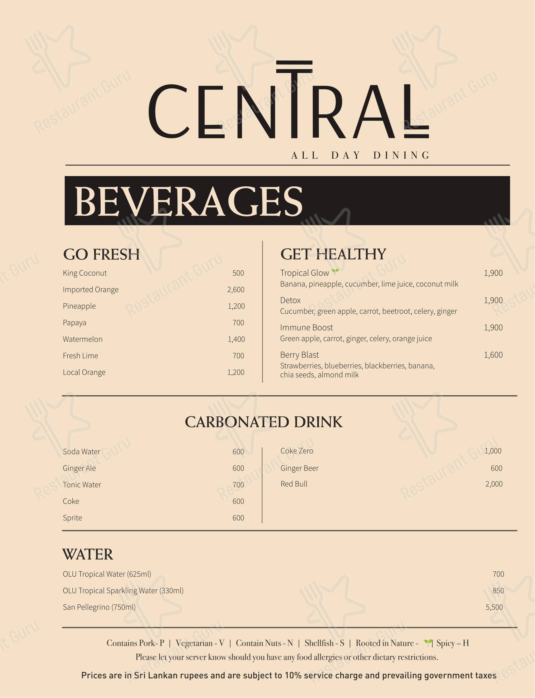 Меню ресторана Central All Day Dining в Коломбо