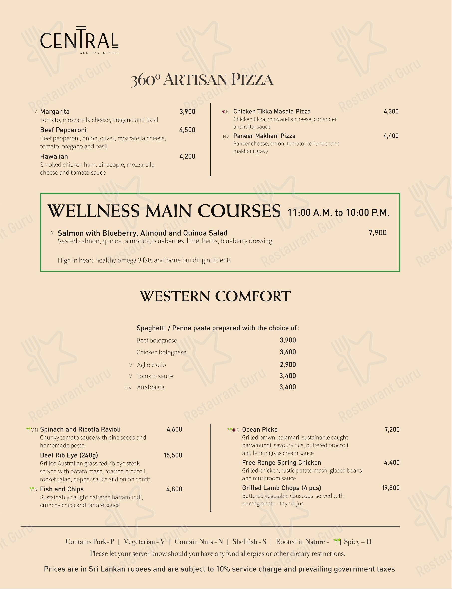 Меню ресторана Central All Day Dining в Коломбо