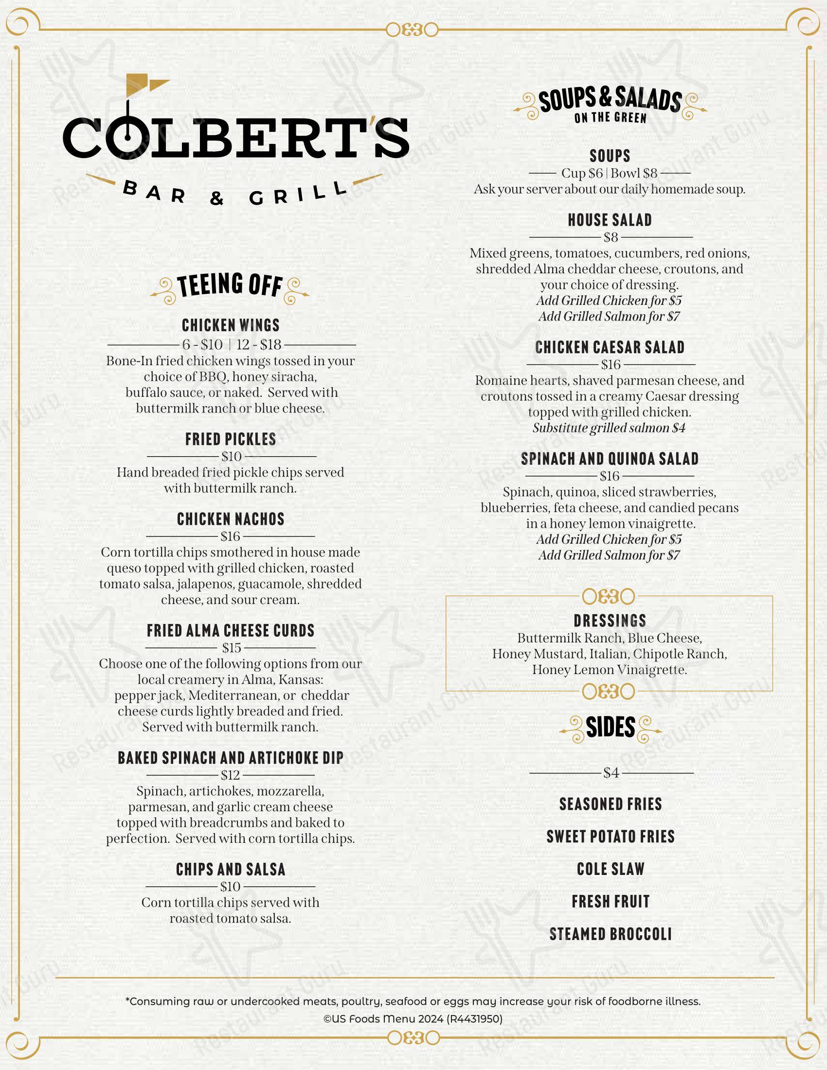 Меню стейк хауса Colbert Hills Golf Course в Манхеттене