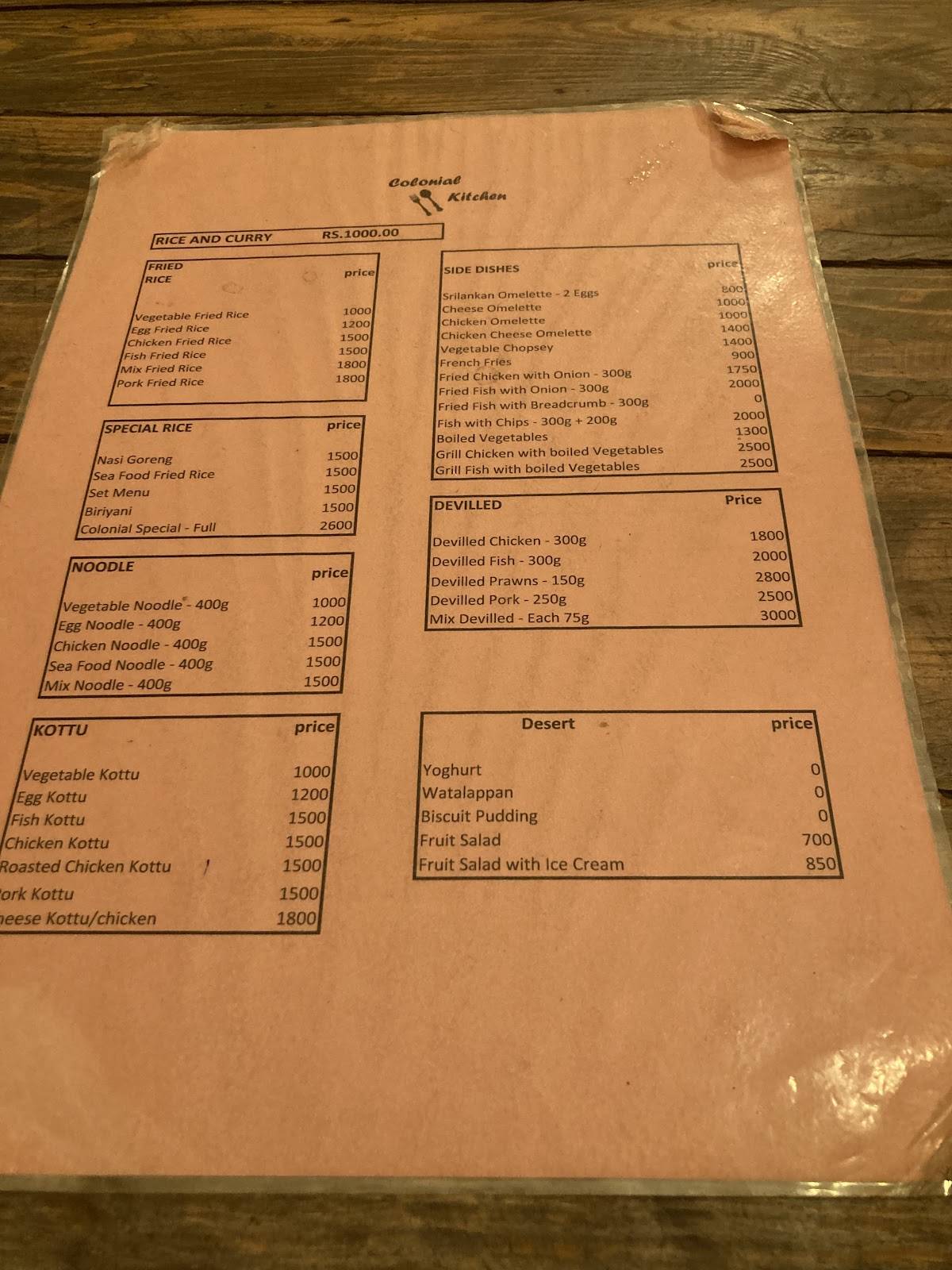 Colonial Kitchen меню