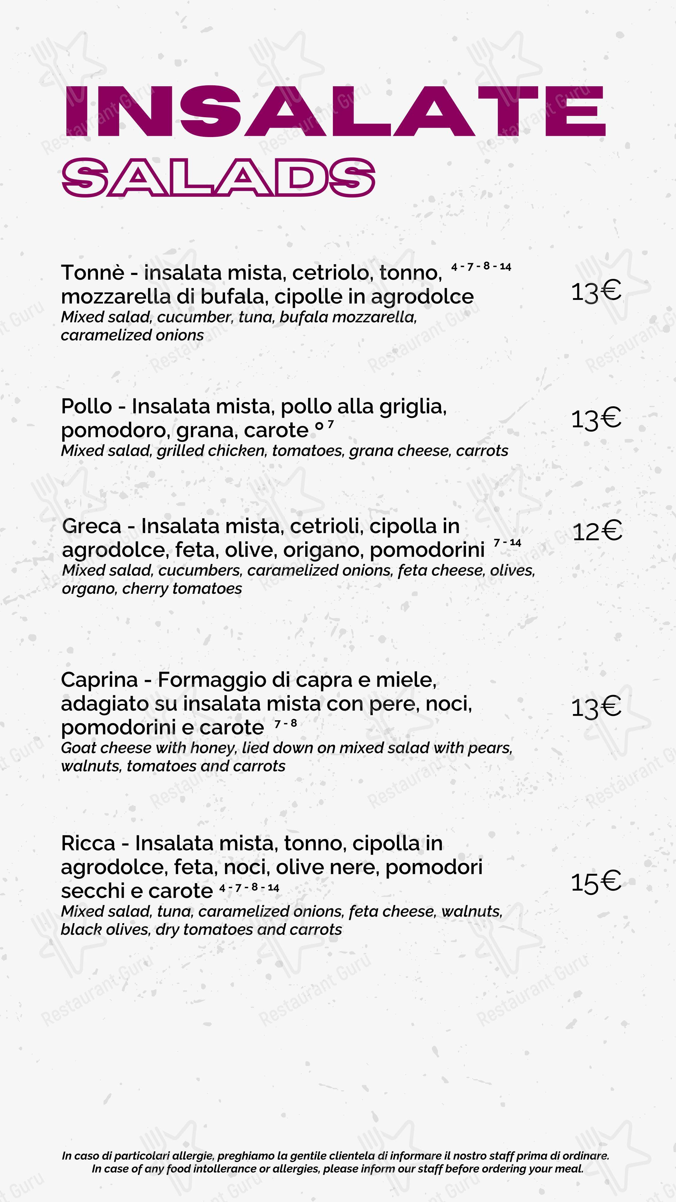 Меню паба и бара Coming Out - Lunch Menu