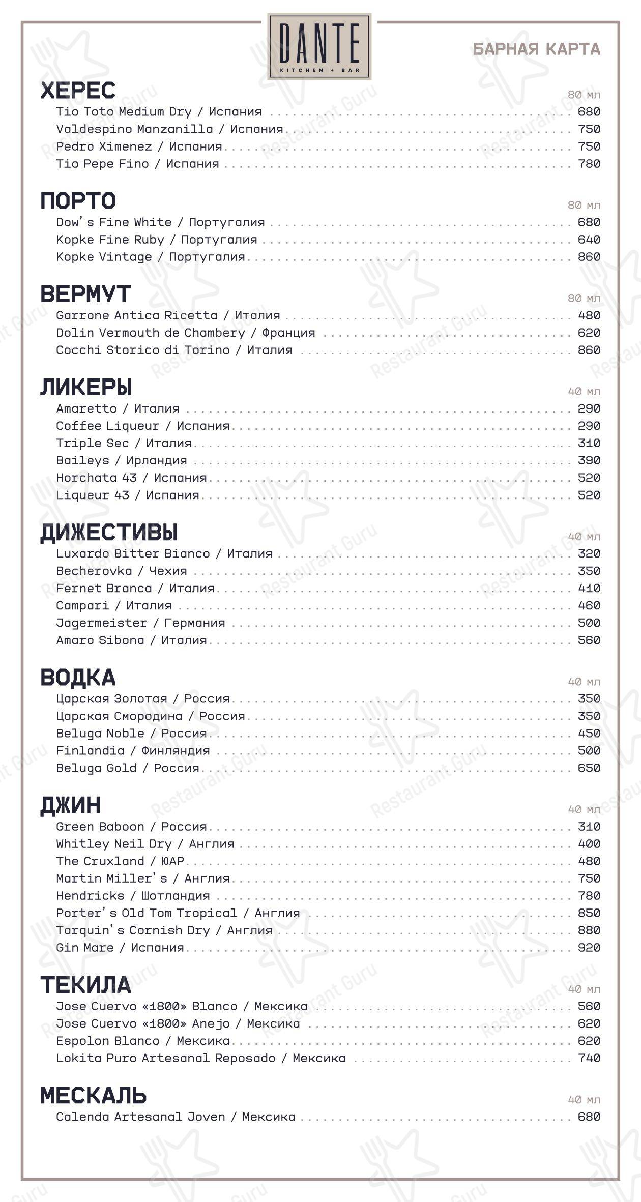Dante в Москве - Основное меню