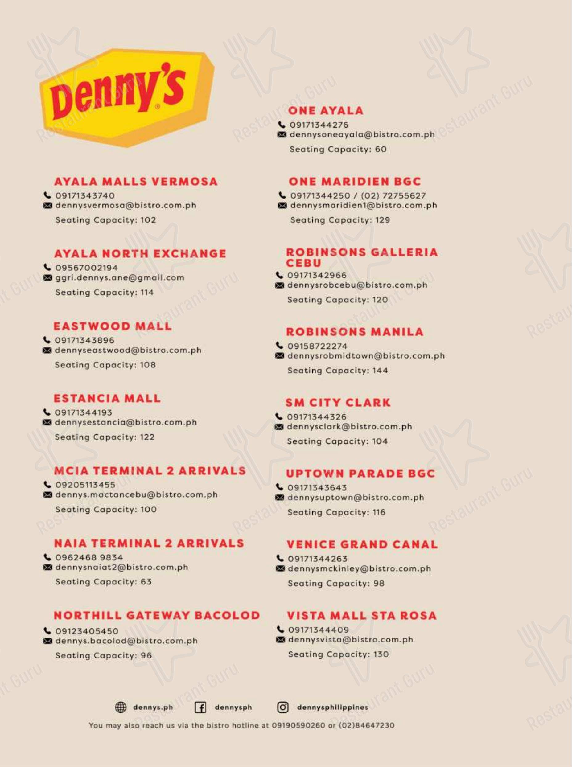 Меню ресторана Denny's - Меню