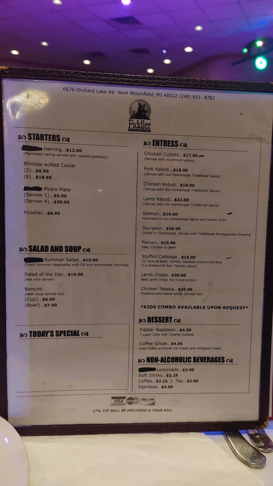 Fiddler International Dining меню