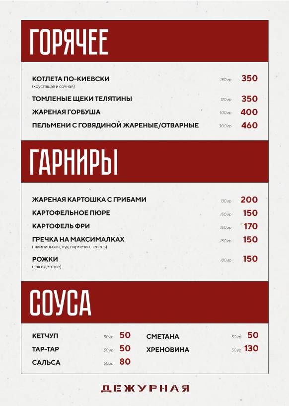 Дежурная меню