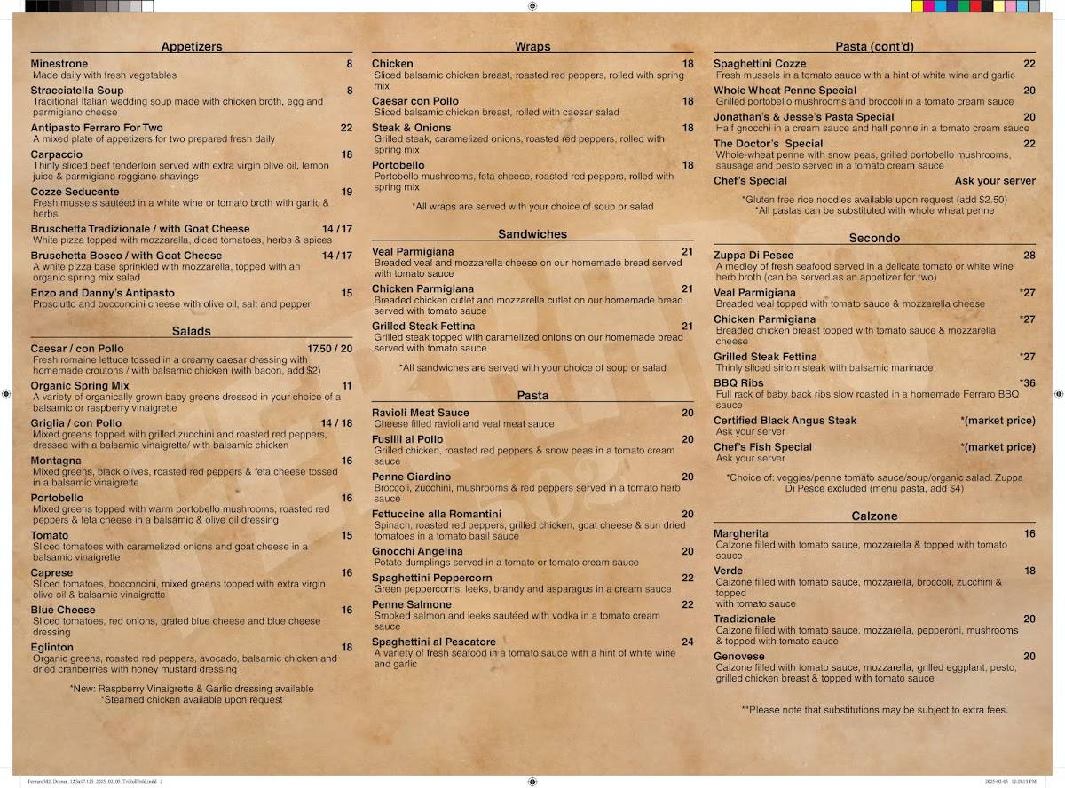 Ferraro 502 Italian Restaurant меню