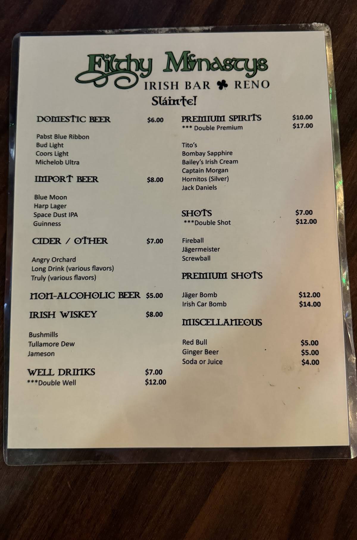 Filthy Mcnasty's Irish Bar меню