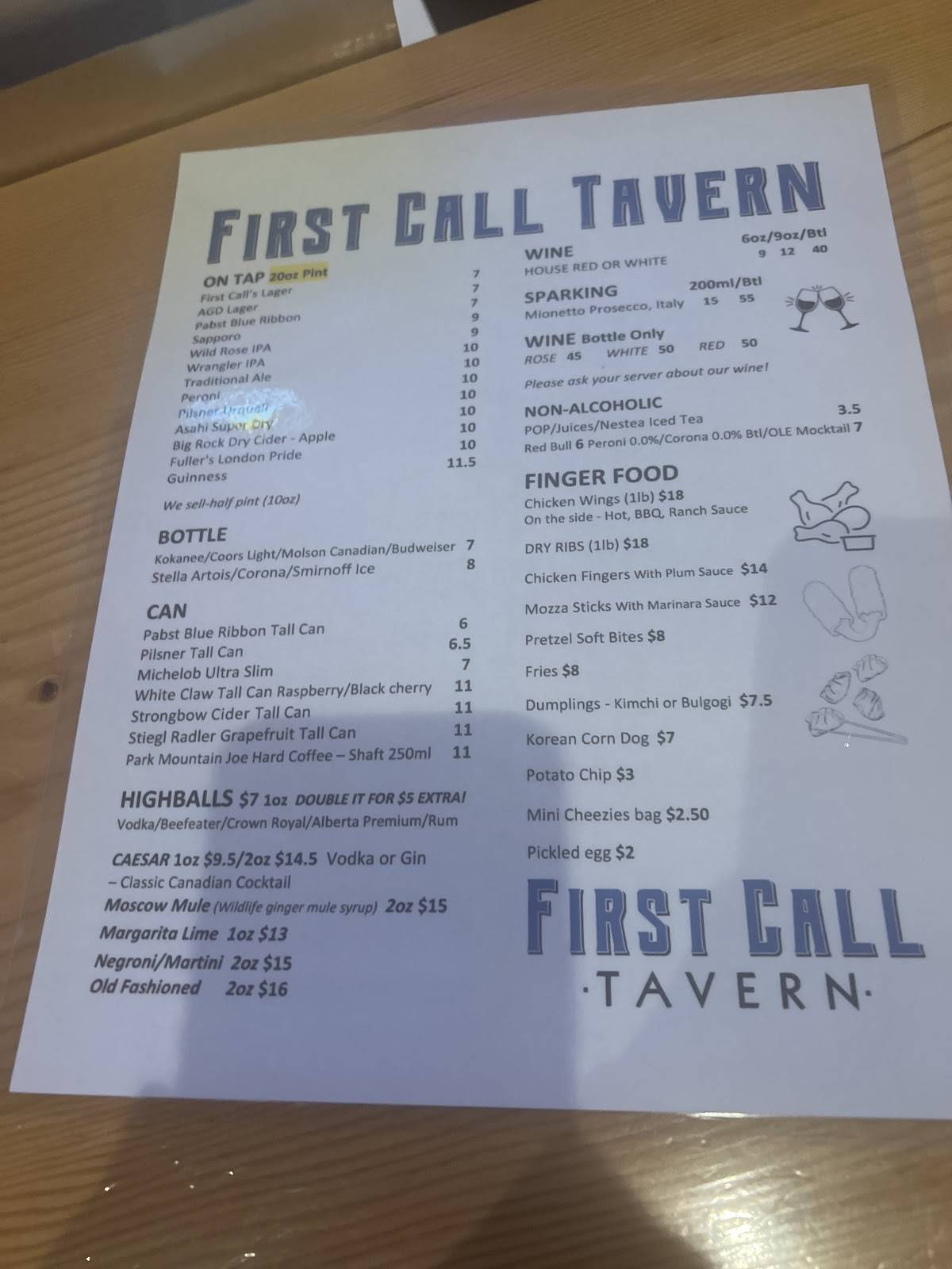 First Call Tavern меню