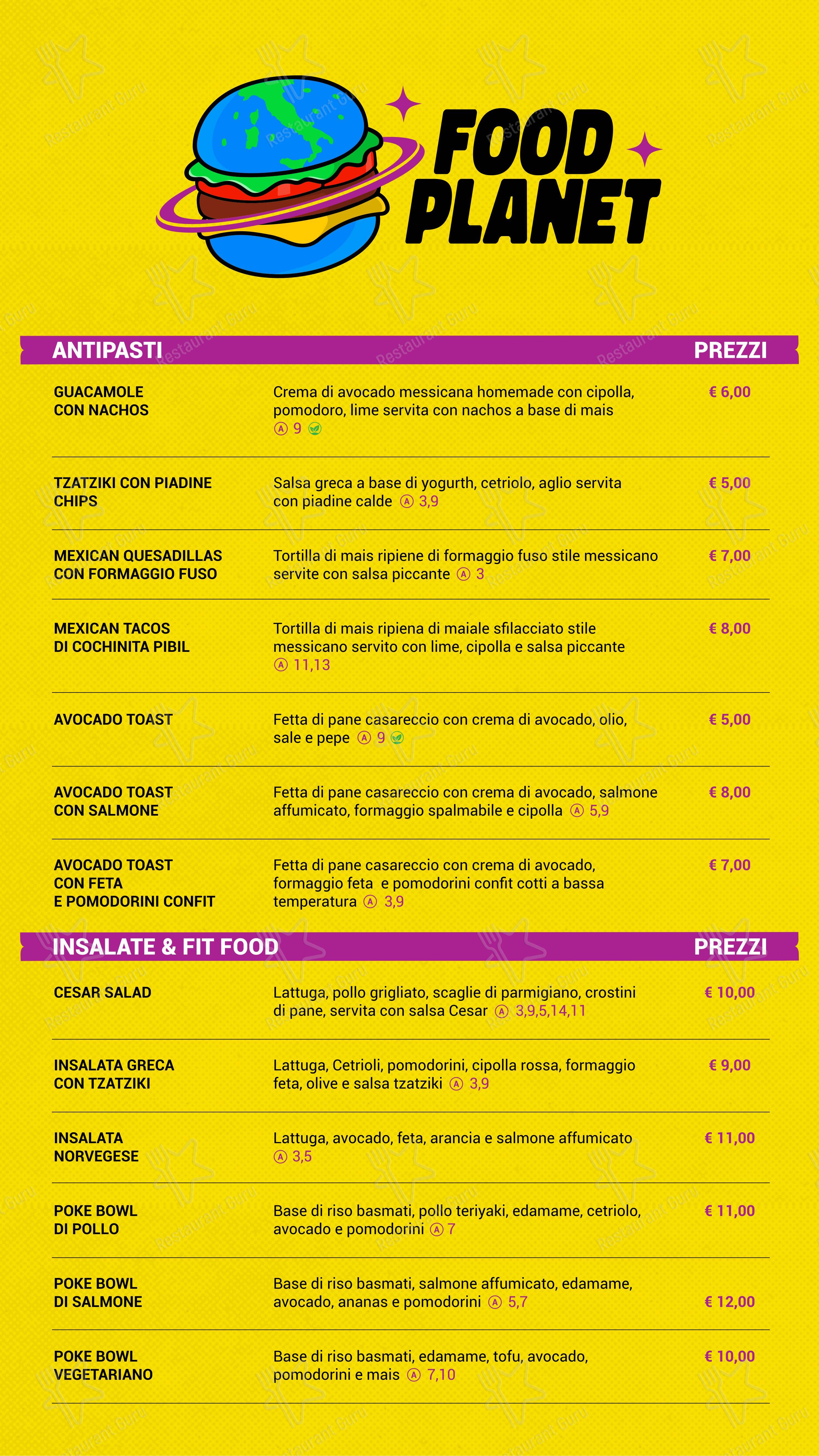 Меню ресторана Food Planet Roma в Риме