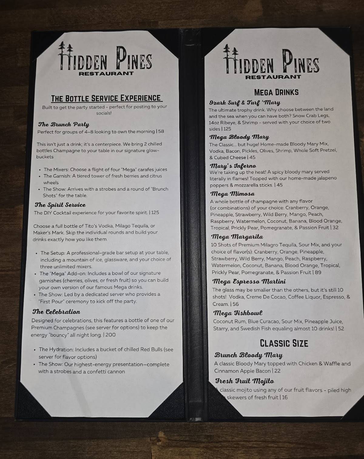 Hidden Pines Restaurant меню