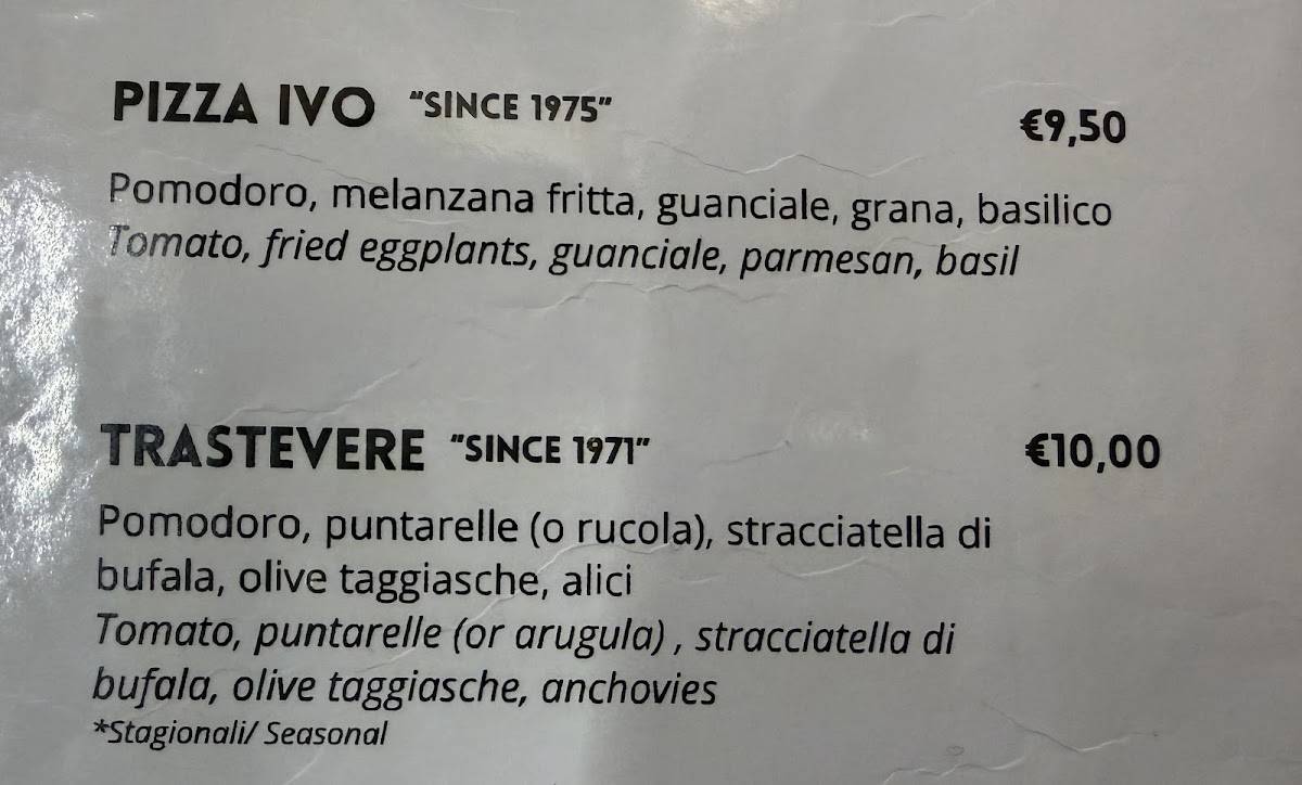 Ivo a Trastevere меню