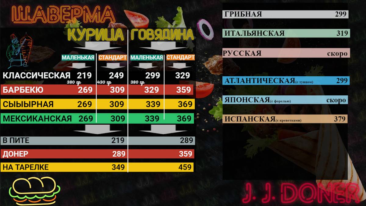J. J. Донер меню