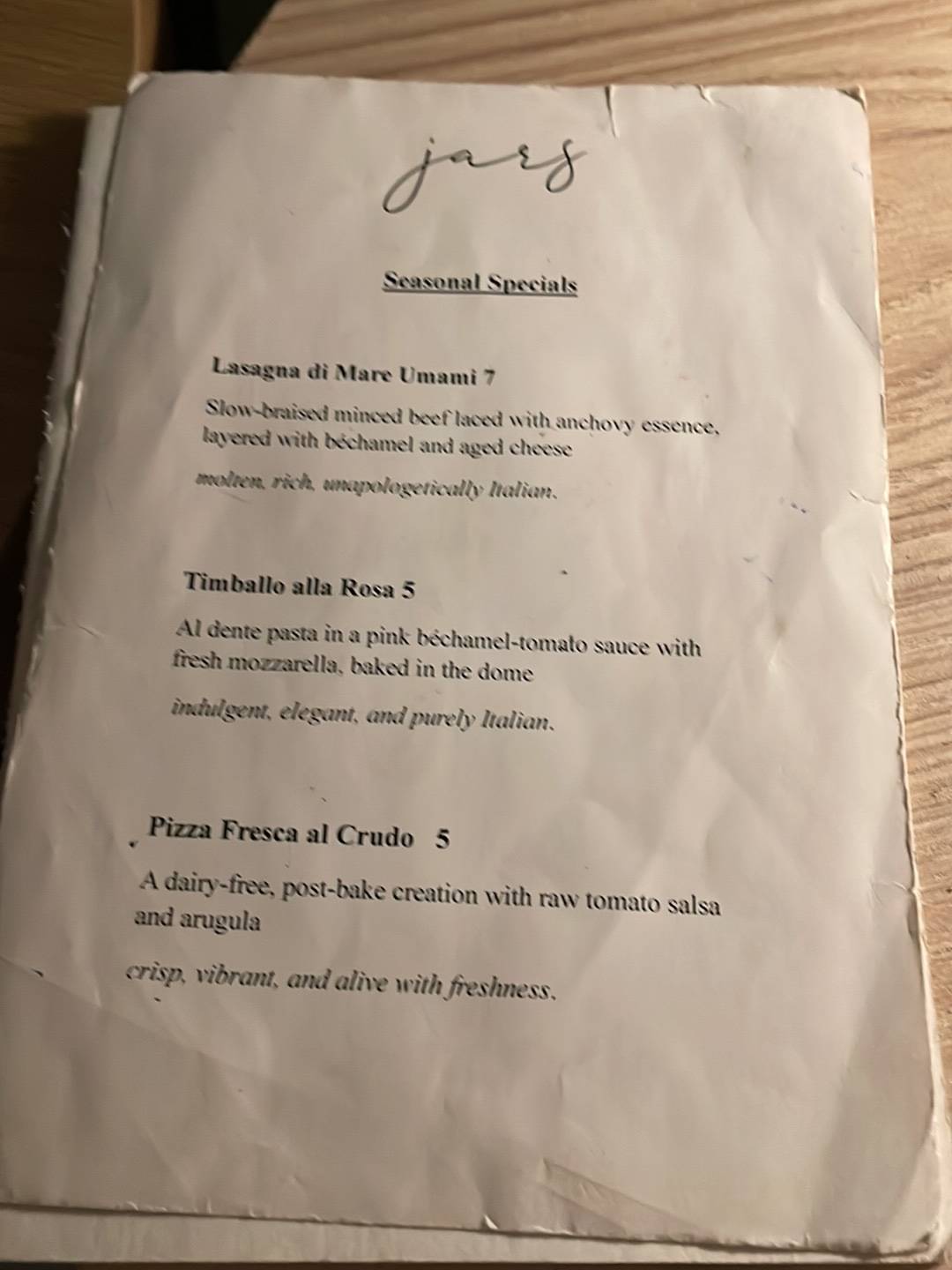 Jars меню