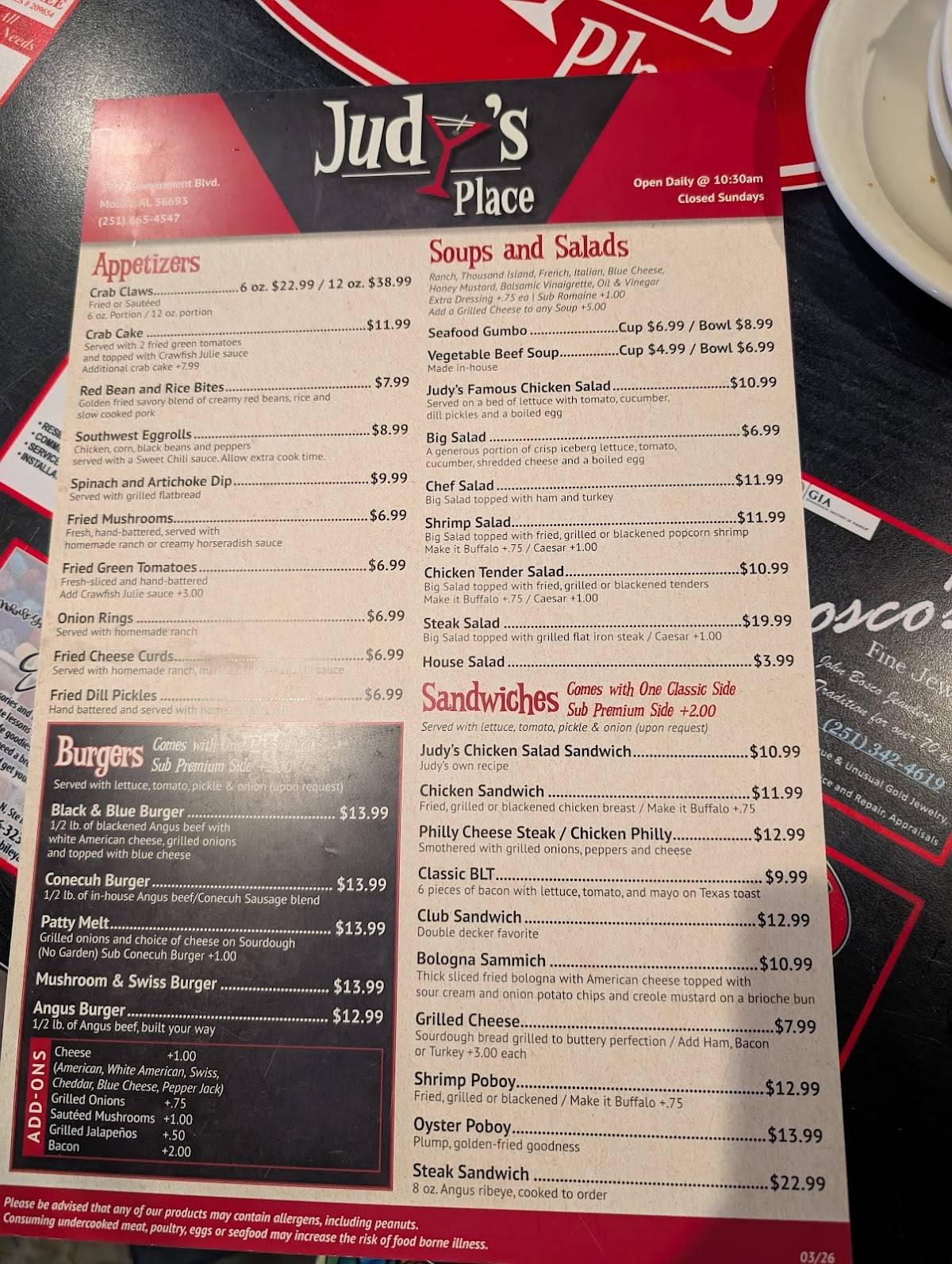 Judy's Place меню