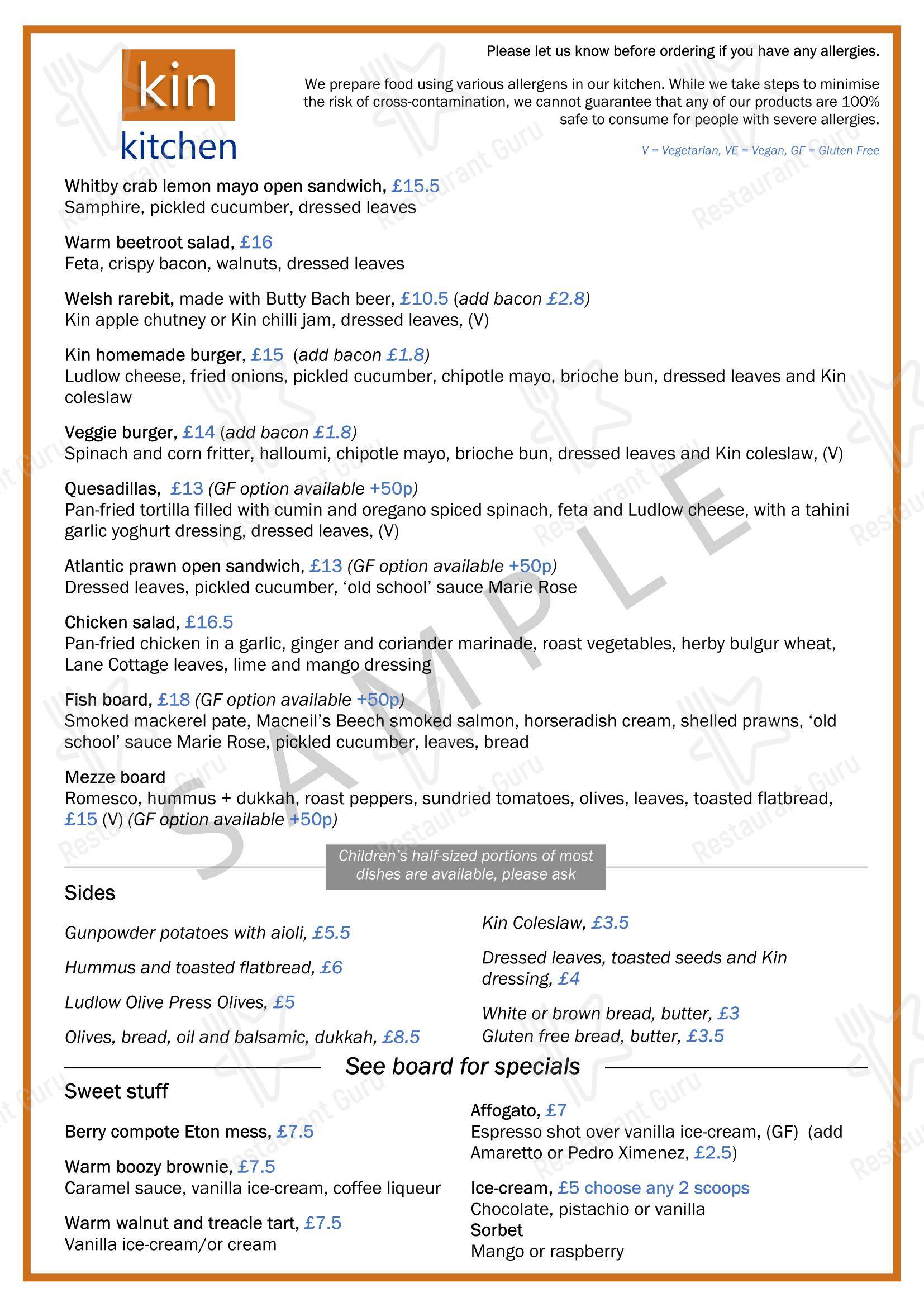 Основное меню ресторана Kin Kitchen в Ладлоу