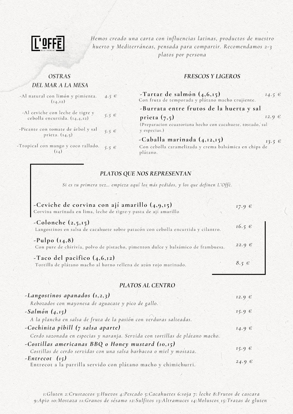 LOFFE RESTAURANTE меню