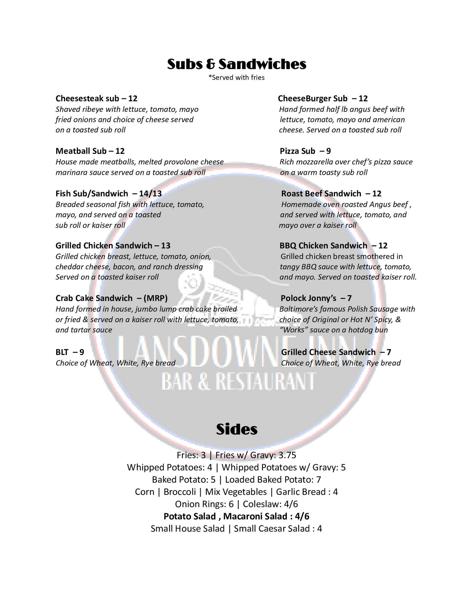 Lansdowne Inn меню