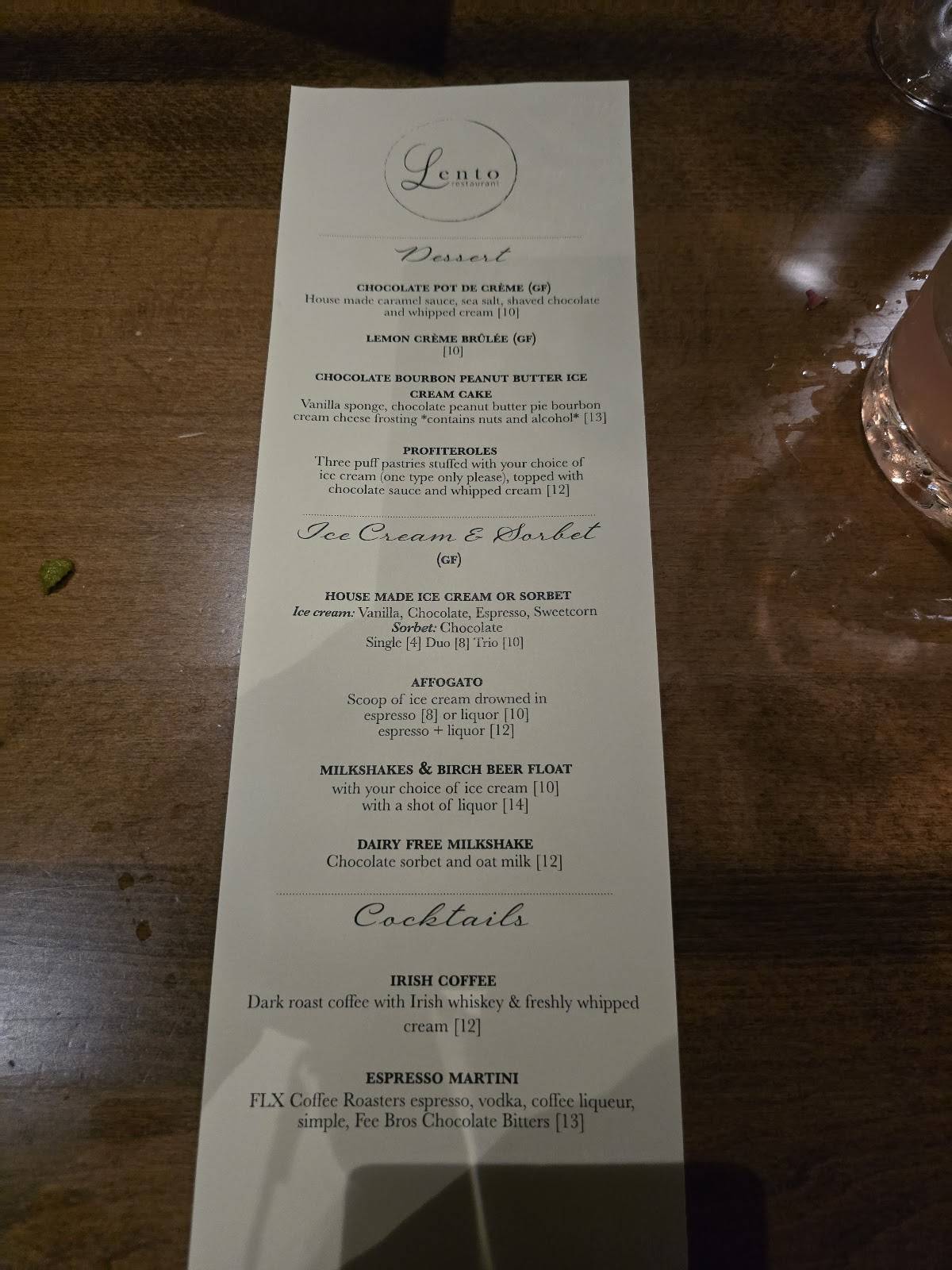 Lento Restaurant меню
