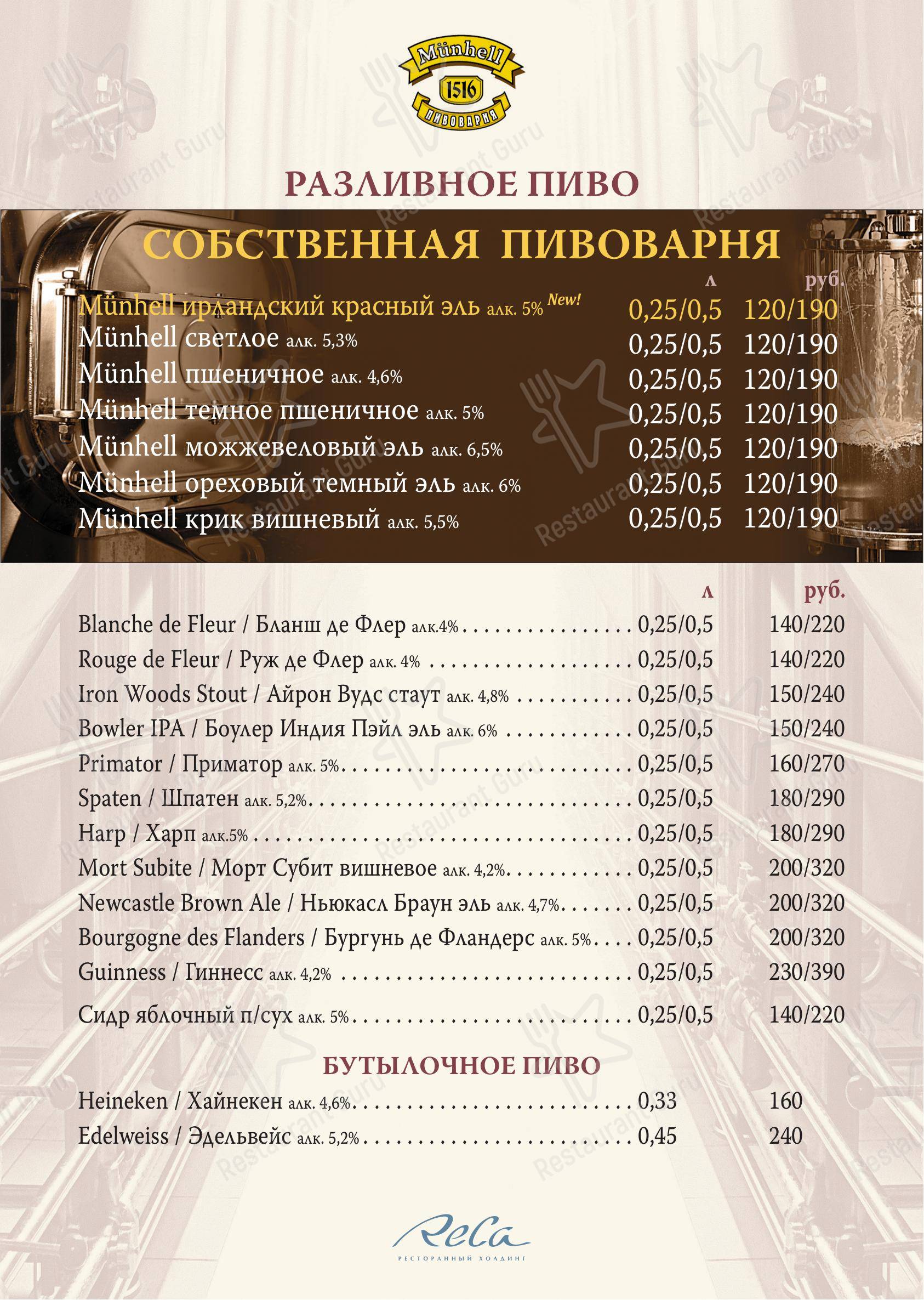 Меню для посетителей ресторана Münhell