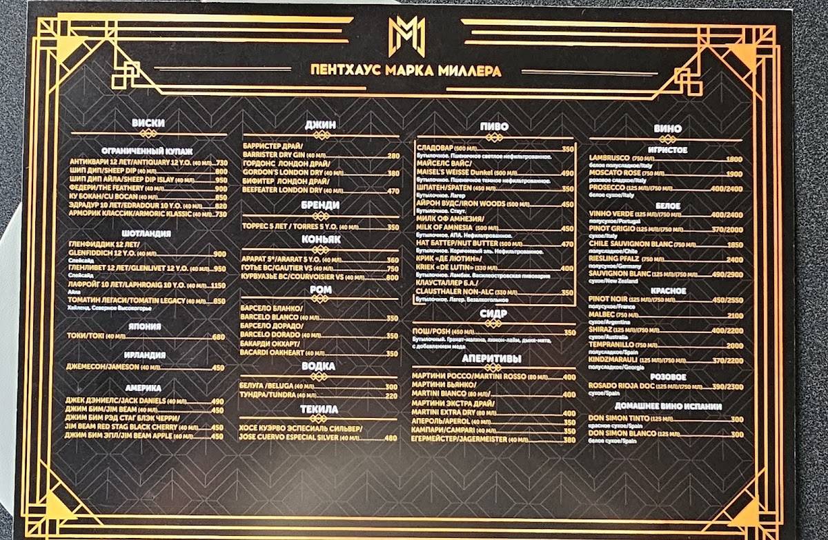 Пентхаус Марка Миллера меню