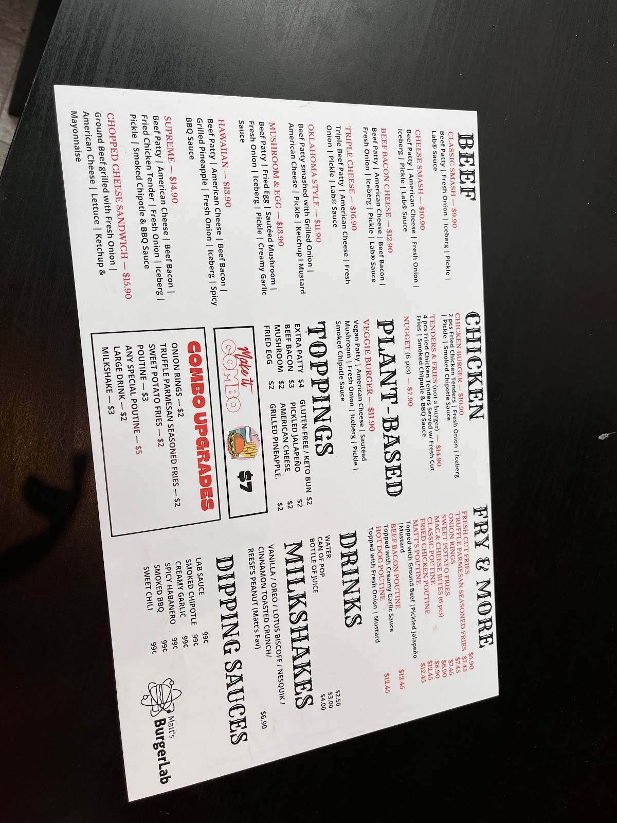 Matt’s Burger Lab Queen St W меню