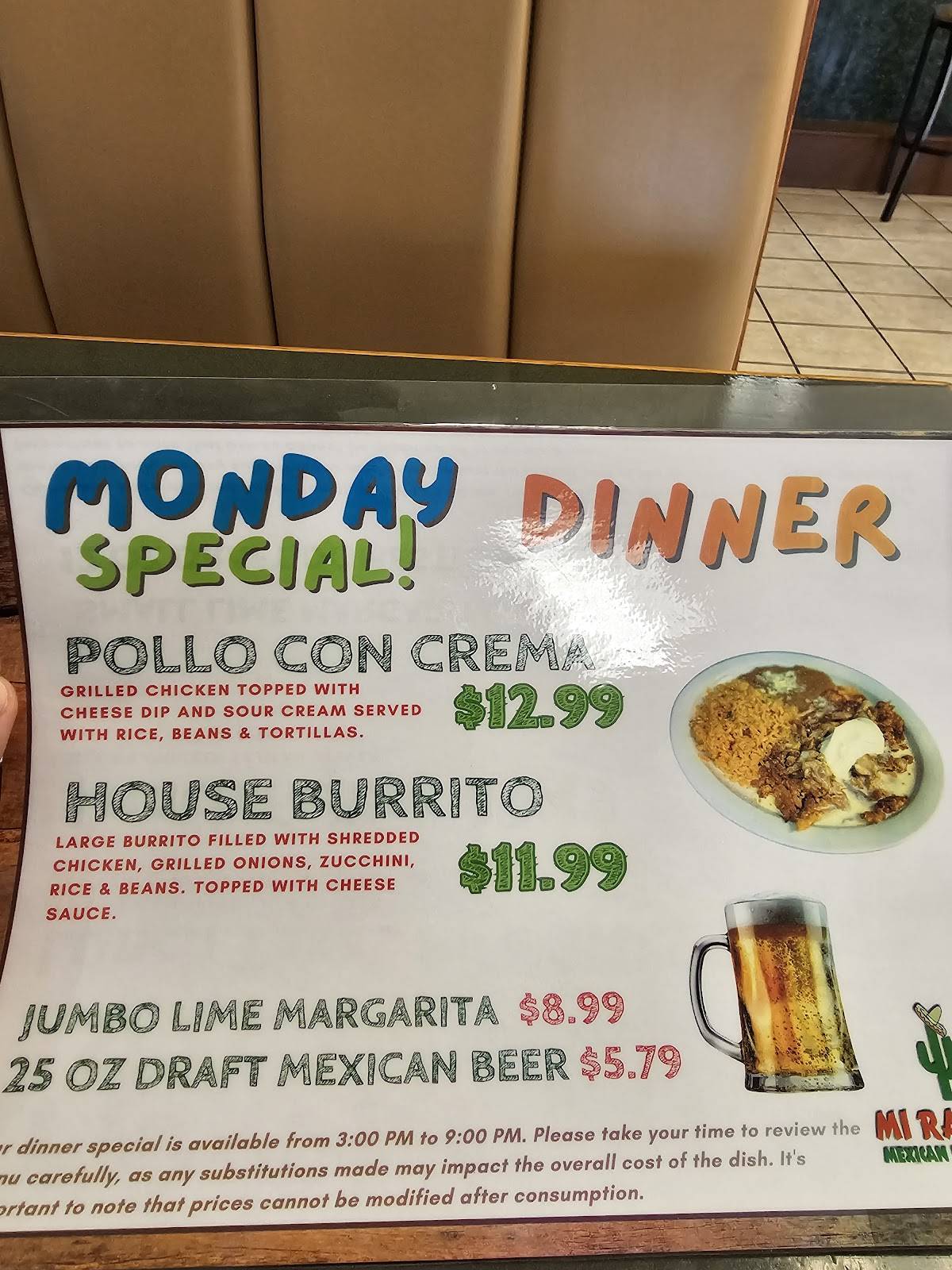 Mi rancho mexican restaurant меню