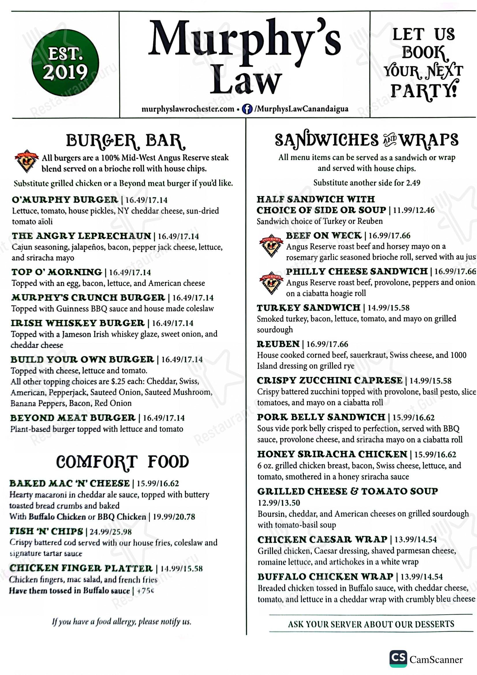 Murphy's Law Irish Pub в Рочестере - Меню