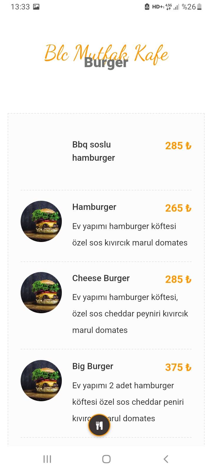 Mutfak Cafe & Restoran меню