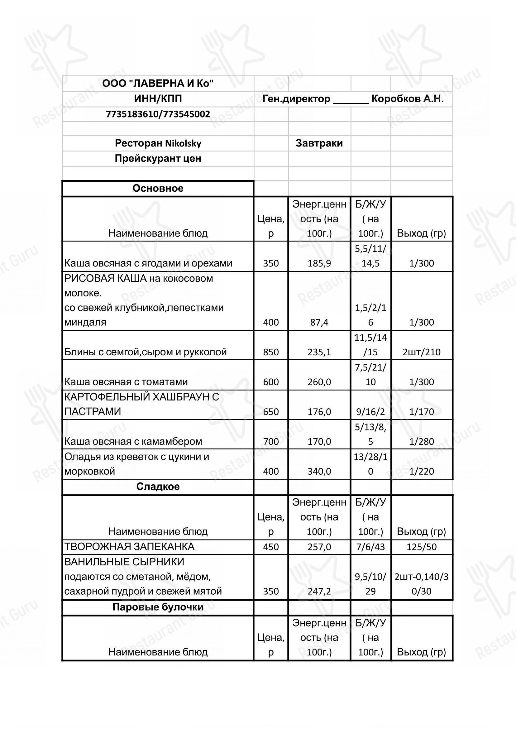 Меню ресторана Nikol'sky - Lunch Menu