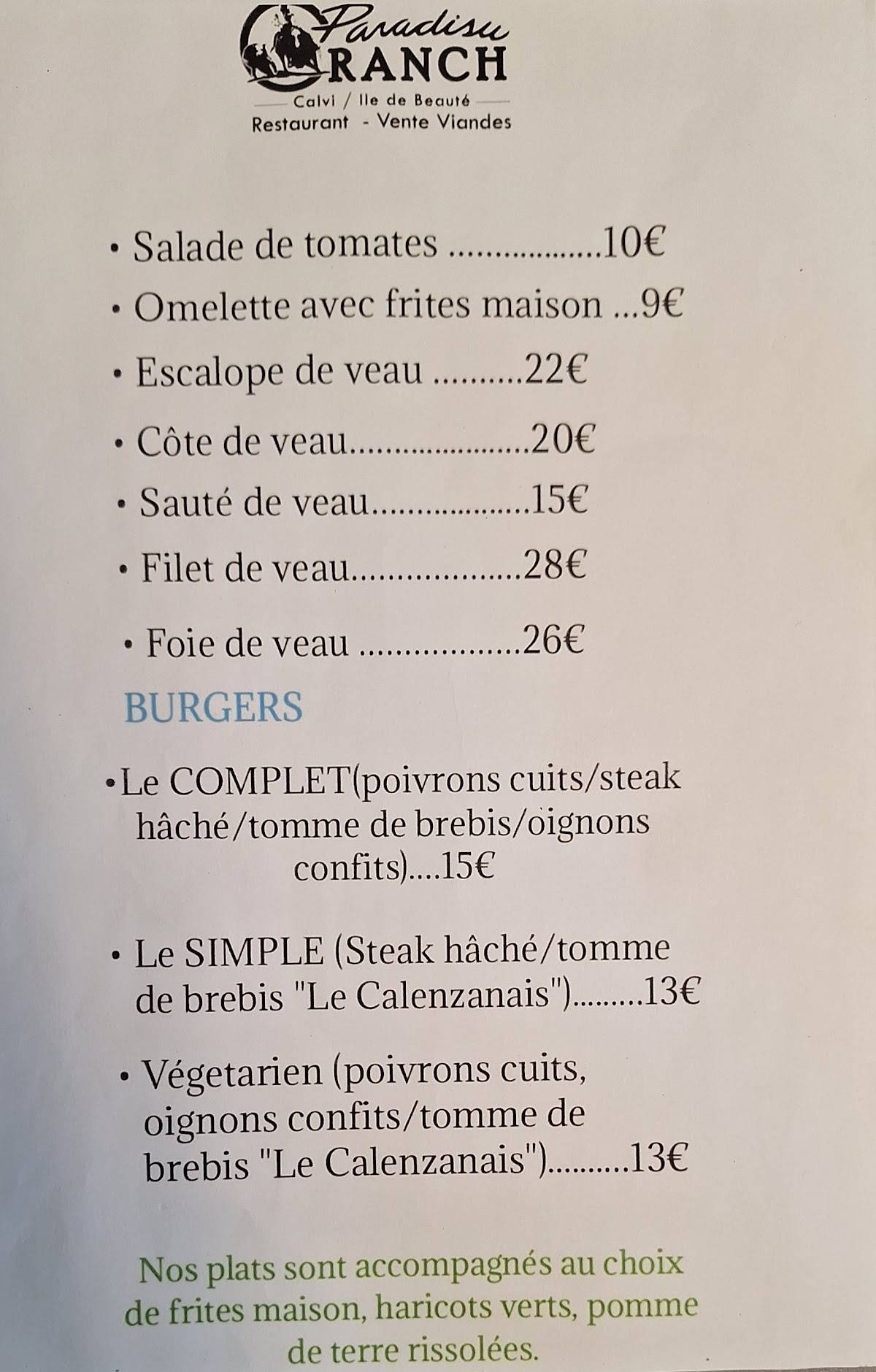O' Paradisu Ranch меню