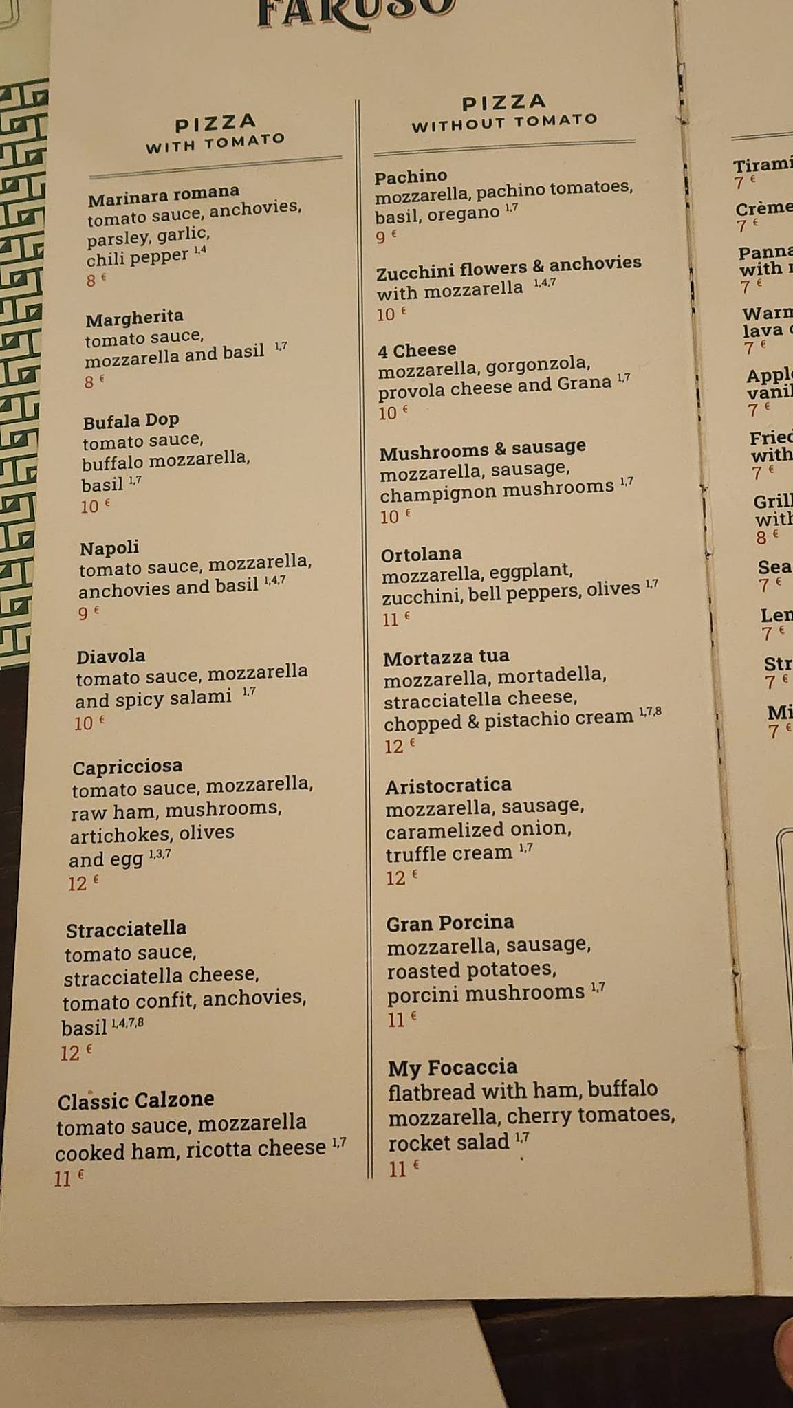 OSTERIA FARUSO меню