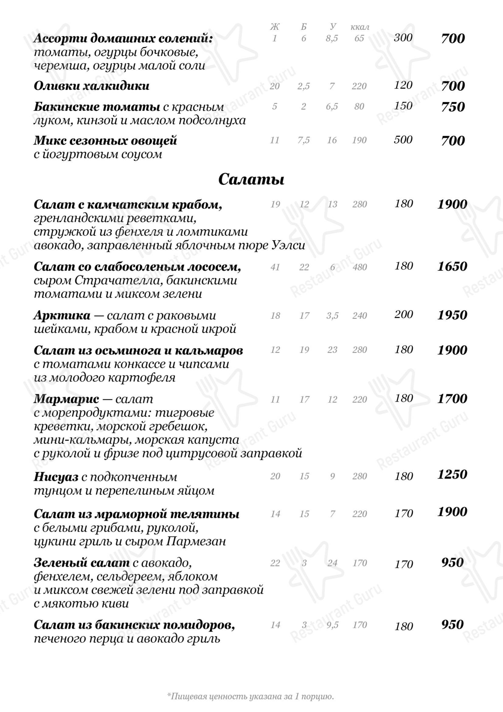Меню ресторана Облака