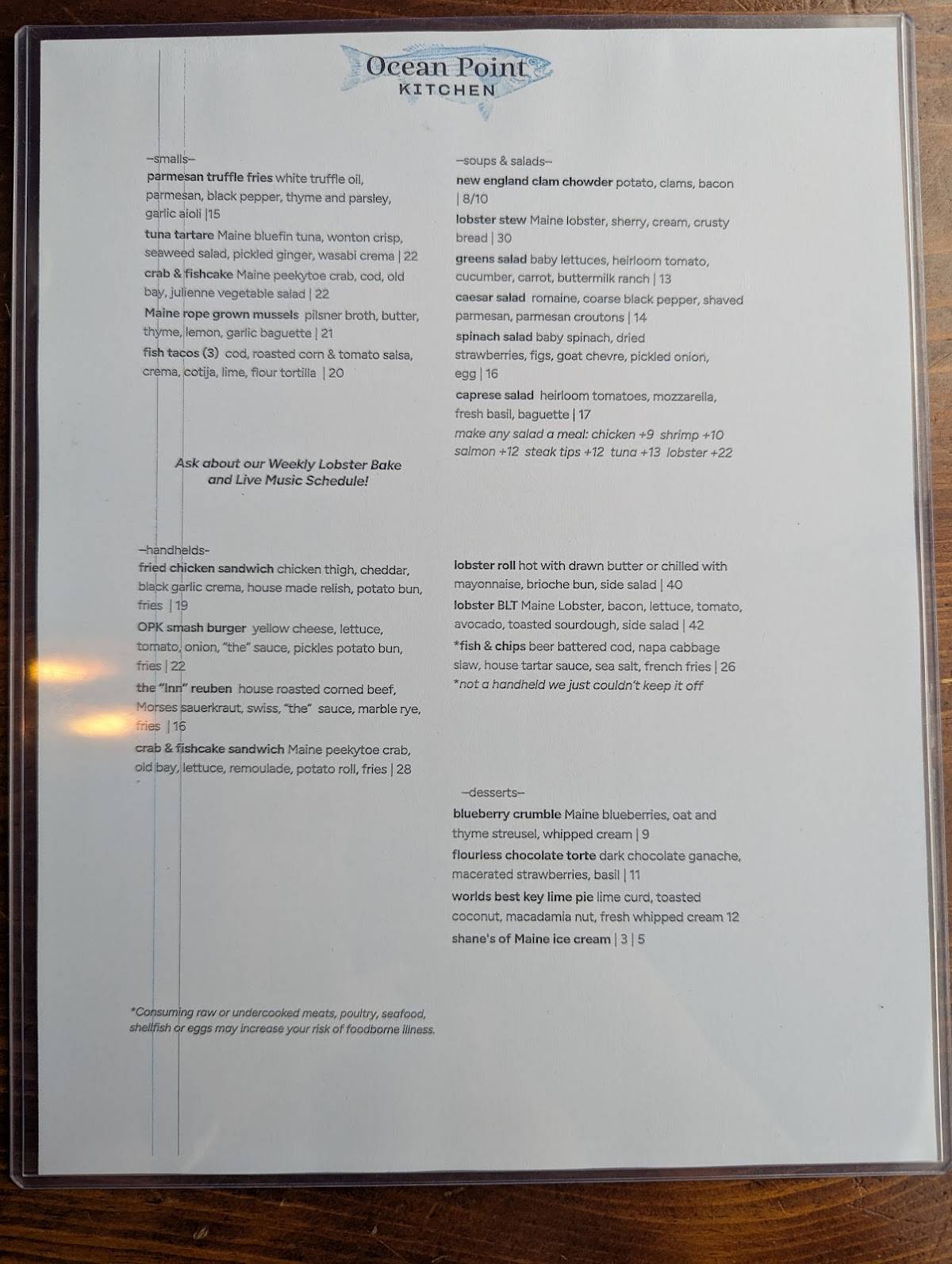 Ocean Point Kitchen меню