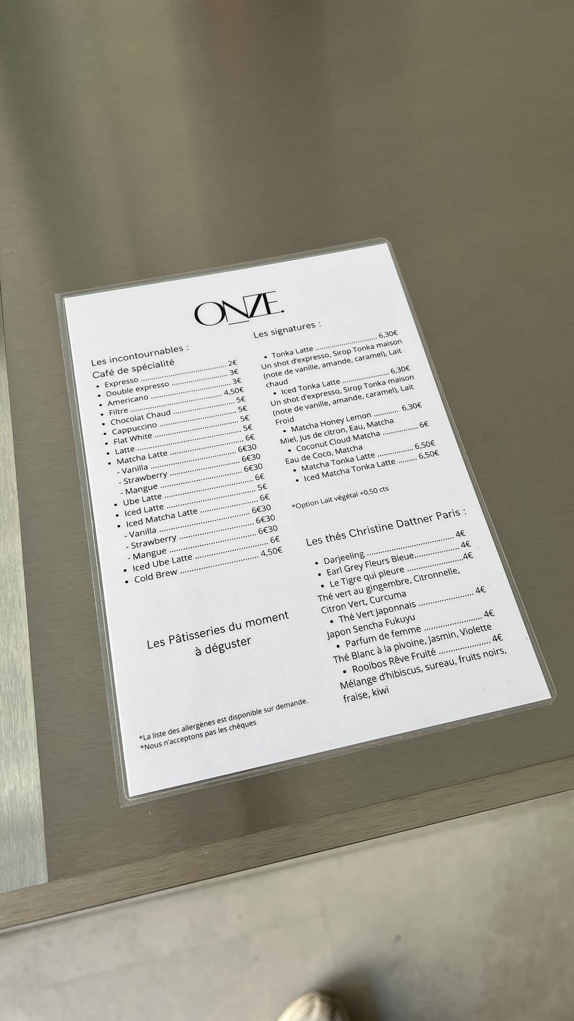 Onze. Café меню