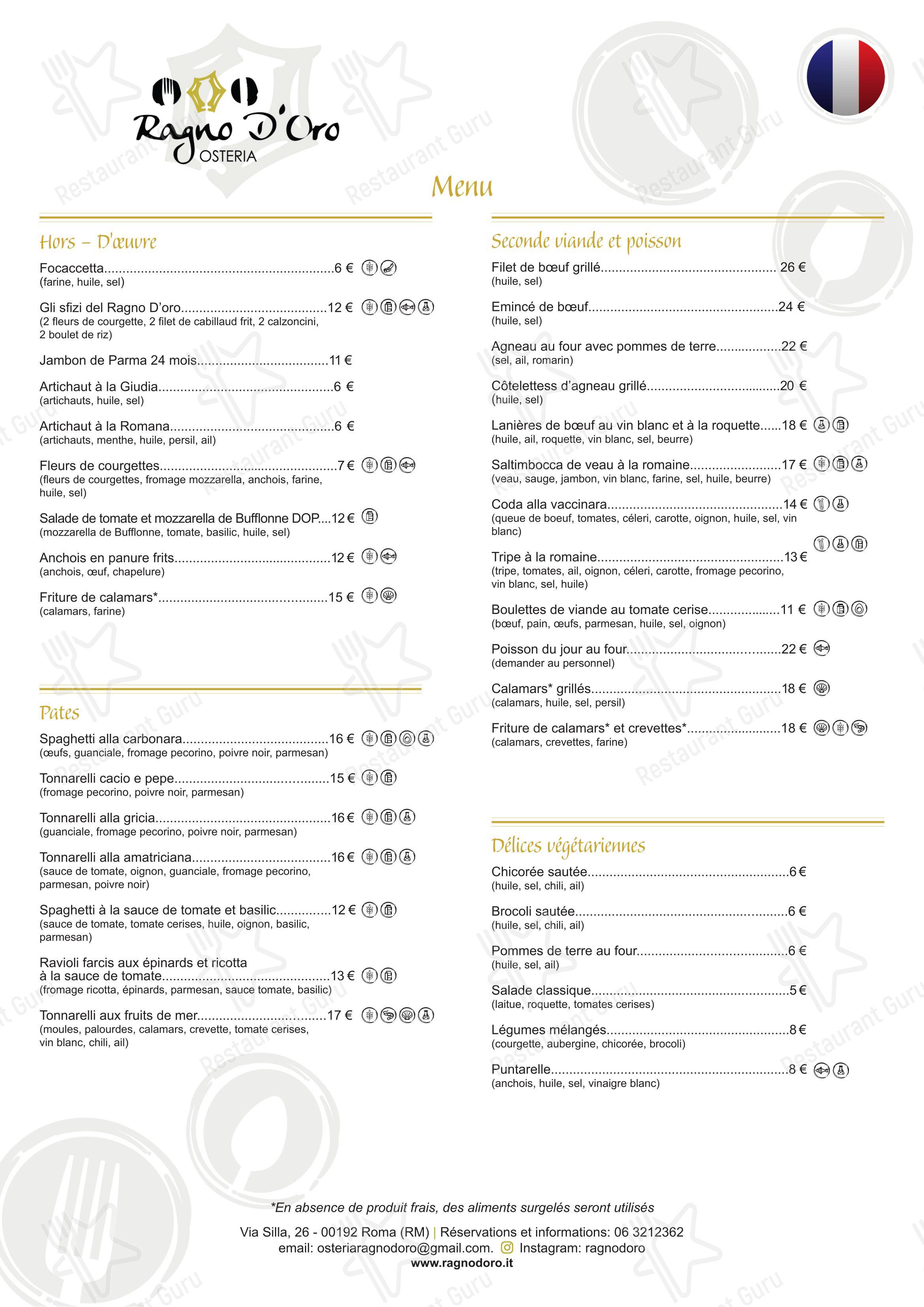Меню ресторана Osteria Ragno d'oro в Риме