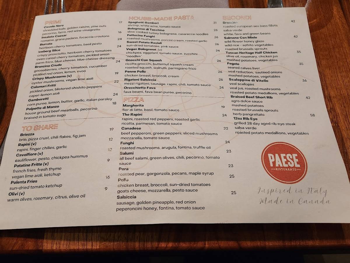 Paese Ristorante меню