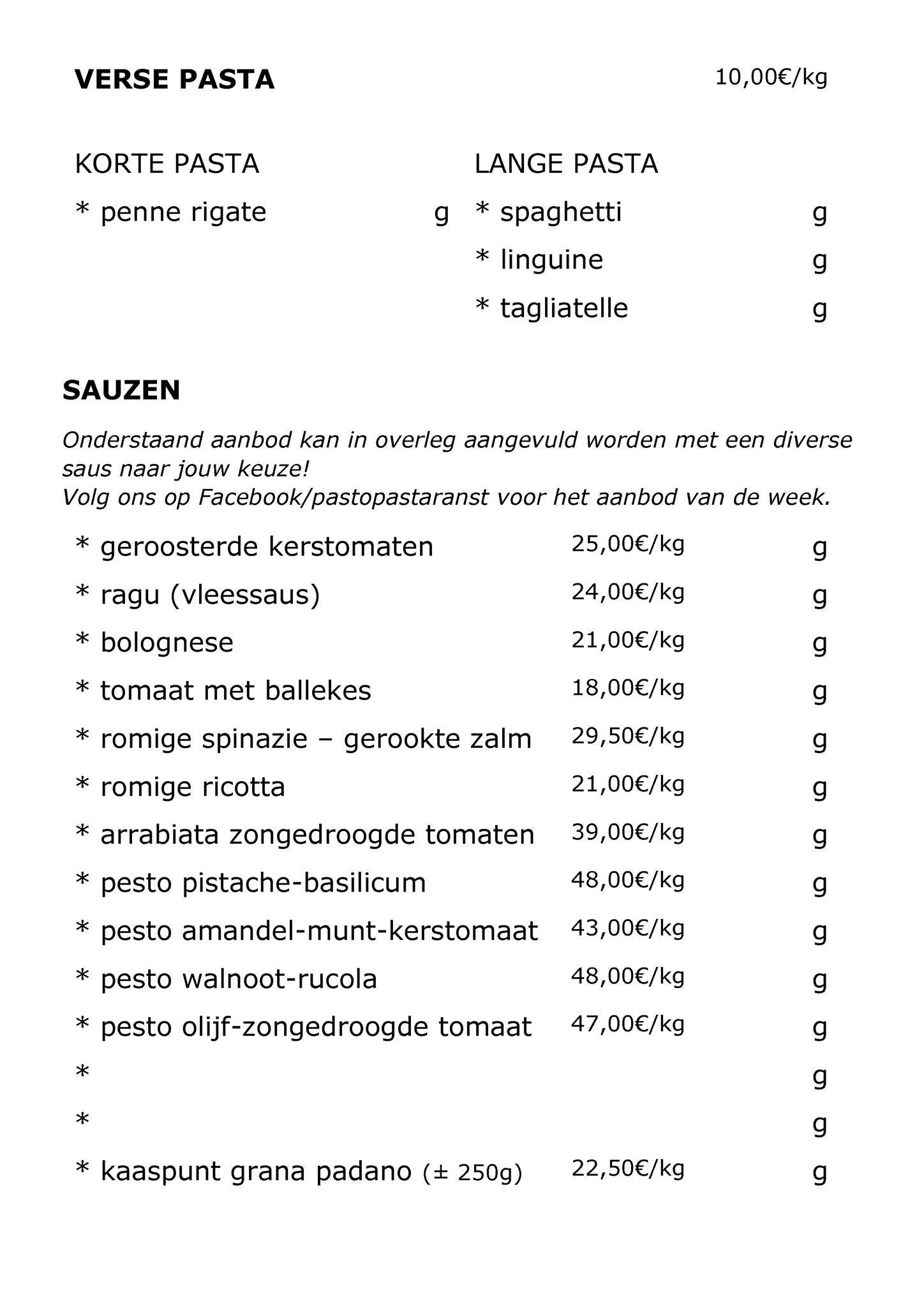 PASTO PASTA меню