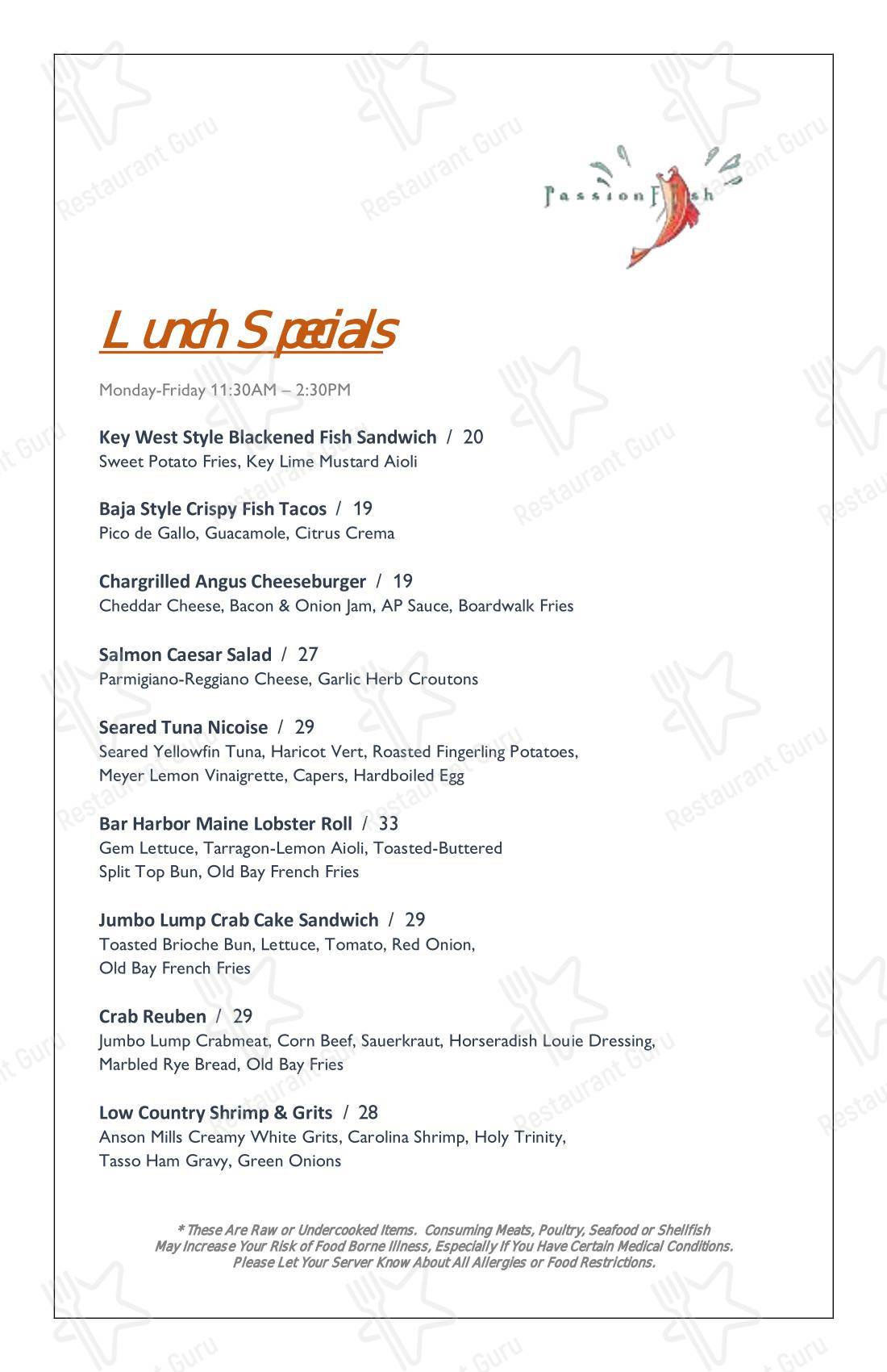 Table Menu ресторана PassionFish Reston