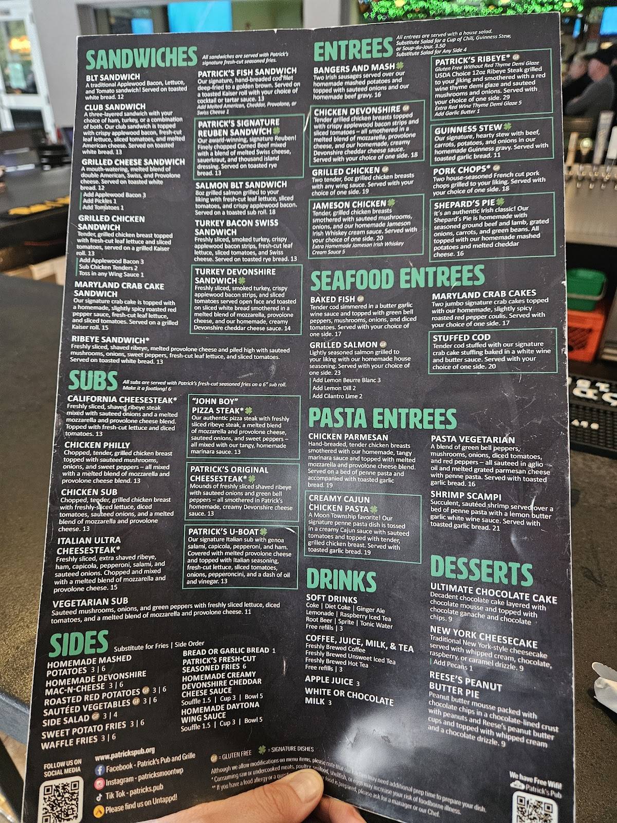 Patrick's Pub меню