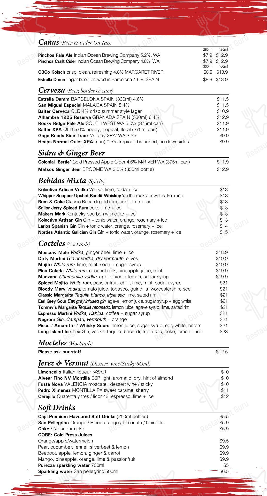 Pinchos Bar De Tapas в Лидервилле - Коктейльная карта