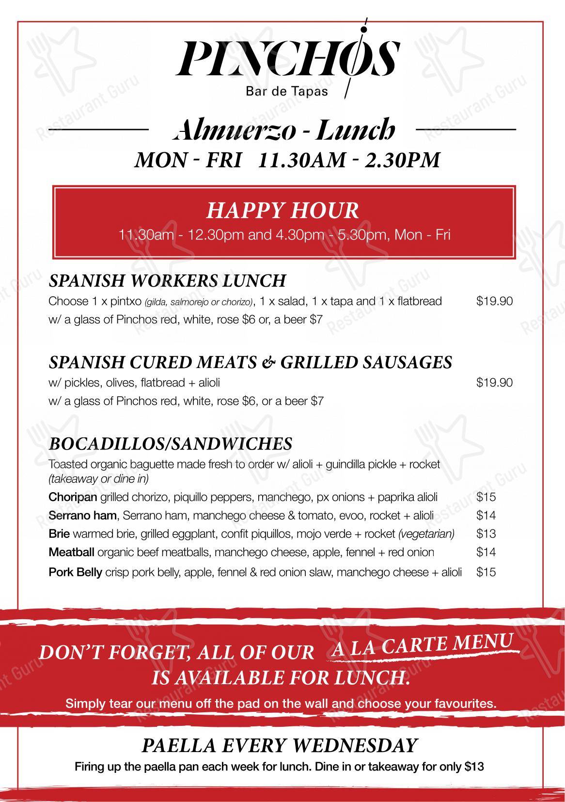 Lunch Menu ресторана Pinchos Bar De Tapas в Лидервилле