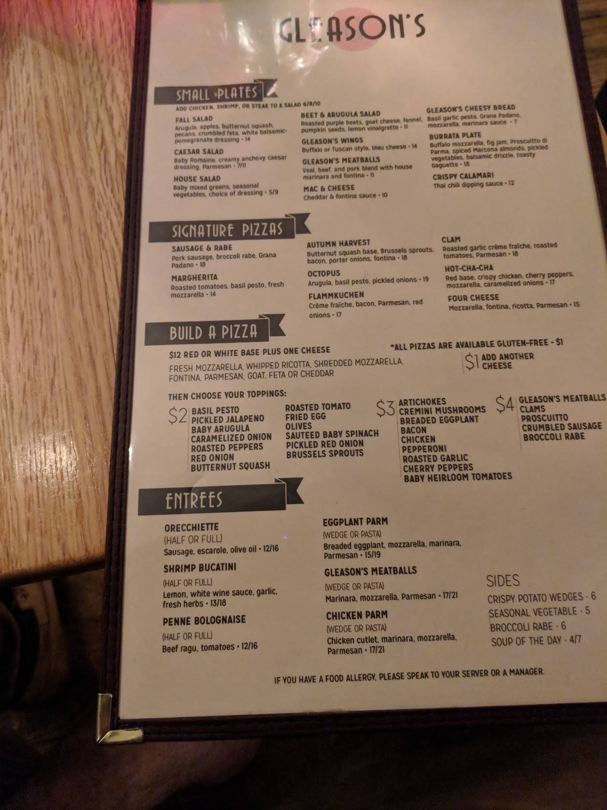 Gleason's меню