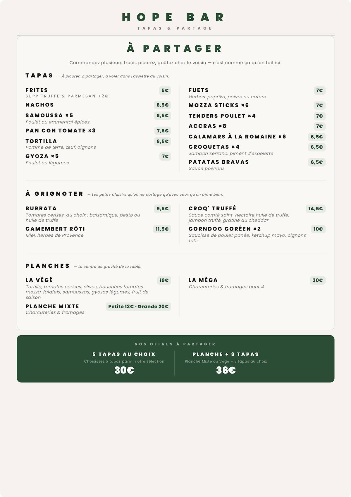 Hope - Bar - Tapas меню